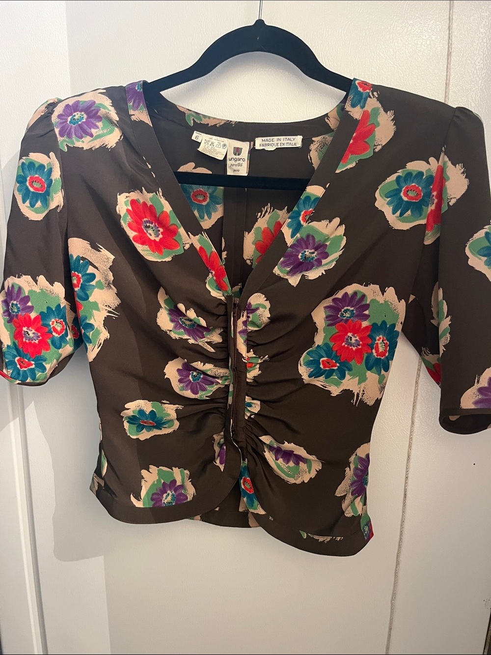 Emanuel Ungaro Brown Floral Ruched Front Blouse